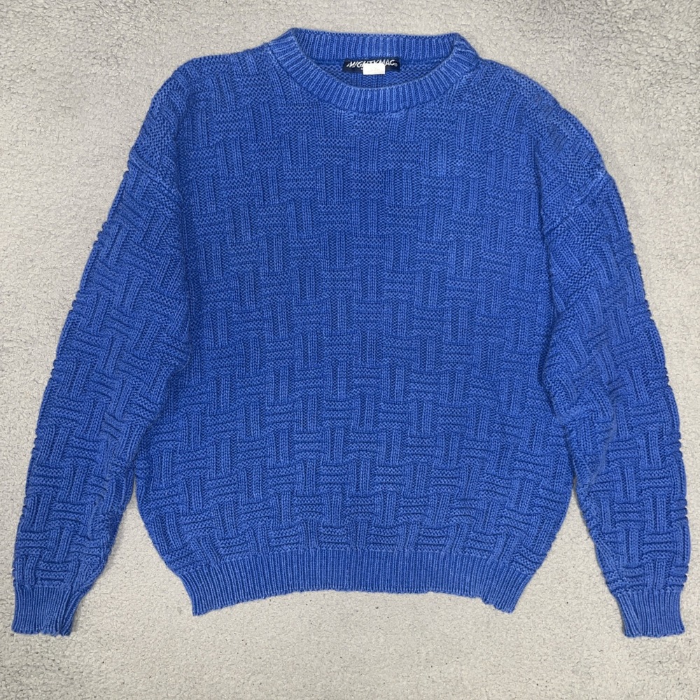 VTG Mighty Mac Sweater Men's Sz L Blue Basketweave Knit Pullover Made In USA 80s